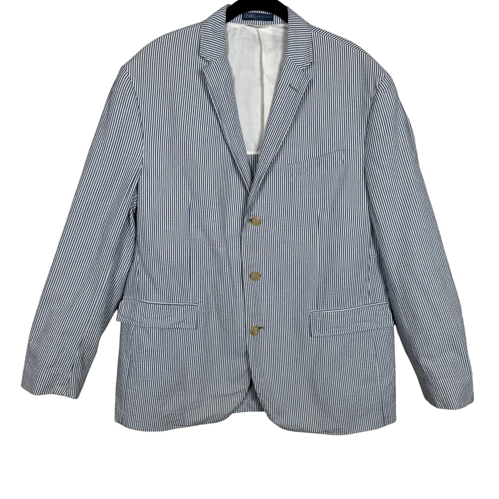 Polo Ralph Lauren Italy Seersucker Blazer Blue White Stripe Italy 46R Sport Coat